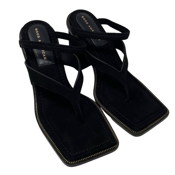 Good American Square Toe Thong Block Heels Suede Black Size 9 GA106S-X - Picture 2 of 7